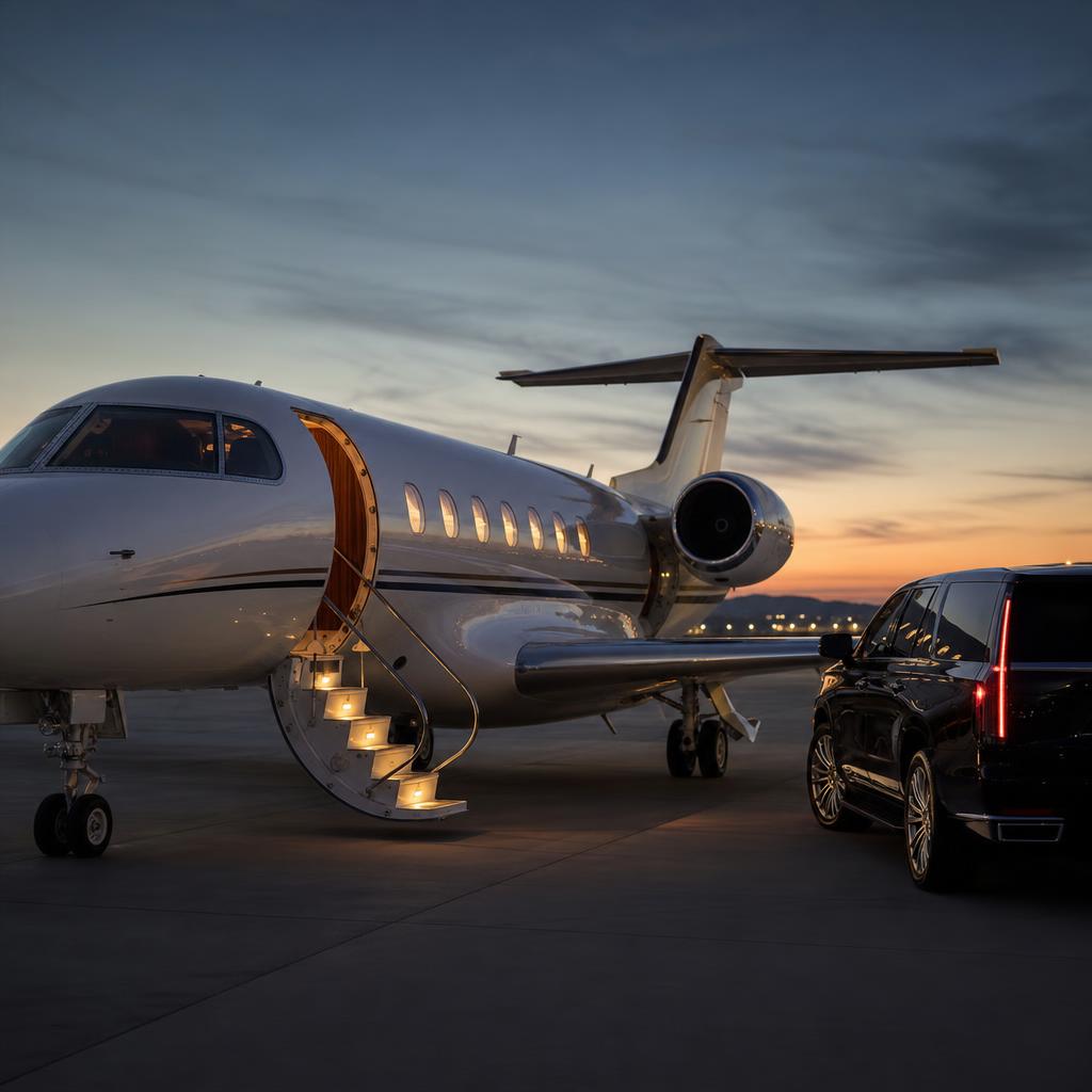 Business jet nose and open cabin door beside a black SUV